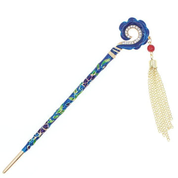Enamel Cloisonne Hair Stick with Rhinestones and Tassels Hook